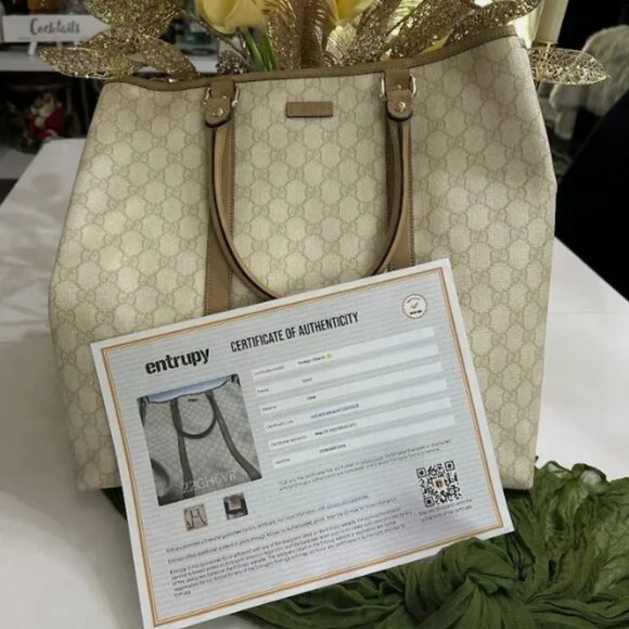 Gucci GG Canvas Beige Leather Trim Large Tote Bag Authentic - Picture 2 of 11